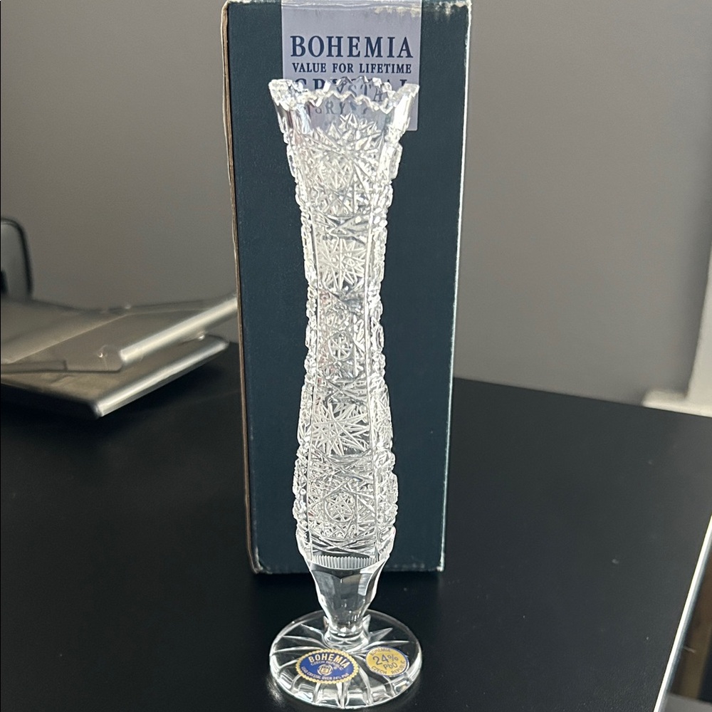 Vintage Bohemian 24% Lead Crystal Bud Vase 7" Tall Czech Glass Flower Vase